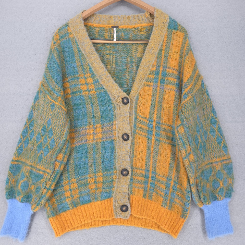 Free People Sweater Womens XS Multicolor Plaid Oversized V Neck Cardigan